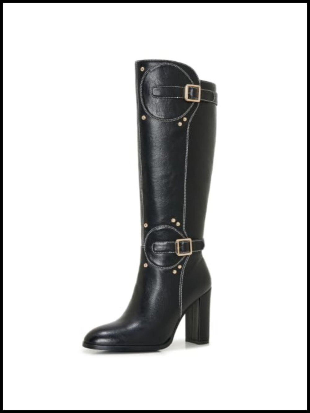 Women's Knee High Riding Boots Block Heel Buckle Side Zip PU